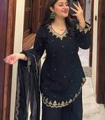 Black silk crepe heavy thread embroidery work kurta palazzo set