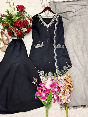 Black silk crepe heavy thread embroidery work kurta palazzo set 2