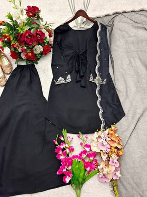 Black silk crepe heavy thread embroidery work kurta palazzo set 3