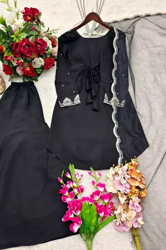 Black silk crepe heavy thread embroidery work kurta palazzo set