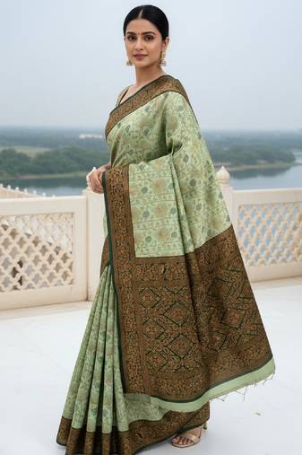 Pista green soft silk blend banarasi jacuard work designer party wear saree with unstitched blouse piece