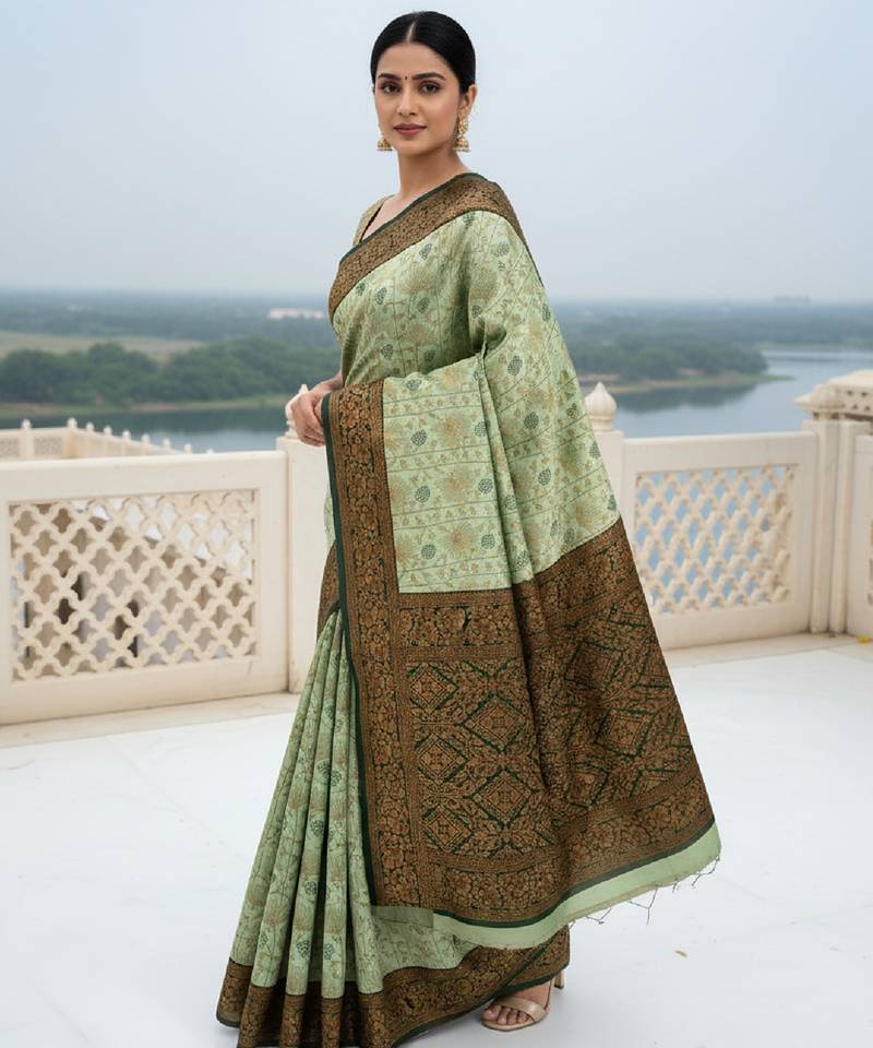 Pista green soft silk blend banarasi jacuard work designer party wear saree with unstitched blouse piece