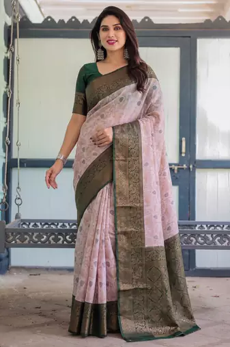 Baby pink silk blend banarasi saree with unstitched blouse piece