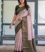 Baby pink silk blend banarasi saree with unstitched blouse piece