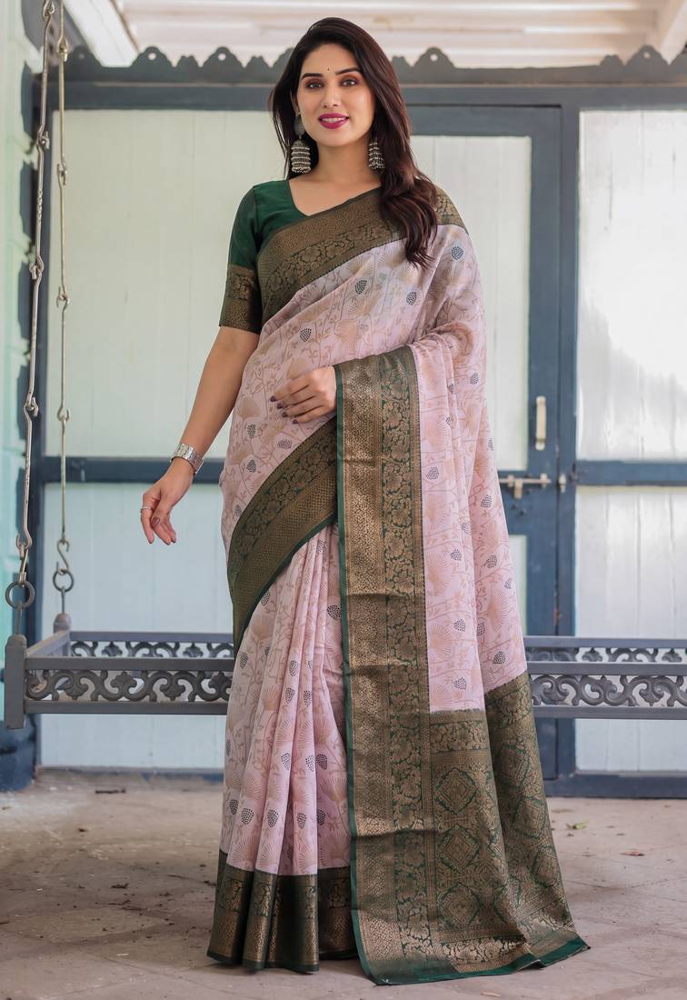 Baby pink soft silk blend banarasi jacuard work designer party wear saree with unstitched blouse piece