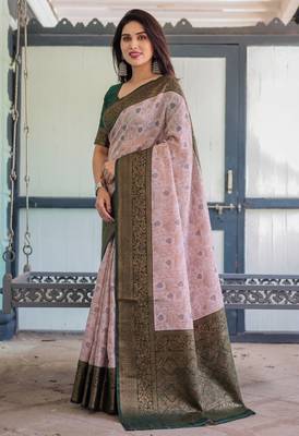 Baby pink silk blend banarasi saree with unstitched blouse piece 2