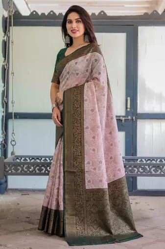 Baby pink silk blend banarasi saree with unstitched blouse piece