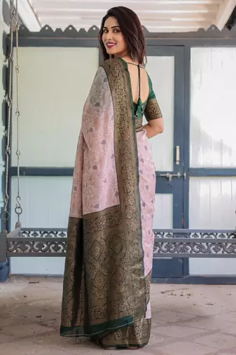 Baby pink silk blend banarasi saree with unstitched blouse piece
