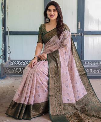 Baby pink silk blend banarasi saree with unstitched blouse piece 4