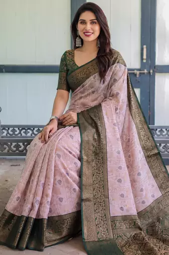 Baby pink silk blend banarasi saree with unstitched blouse piece