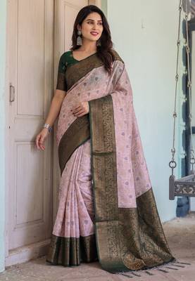 Baby pink silk blend banarasi saree with unstitched blouse piece 5