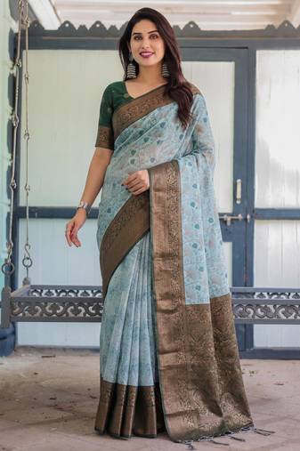 Sea green soft silk blend banarasi jacuard work designer party wear saree with unstitched blouse piece