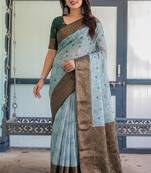 Sea green silk blend banarasi saree with unstitched blouse piece