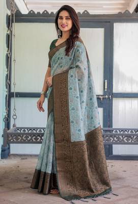 Sea green silk blend banarasi saree with unstitched blouse piece 2