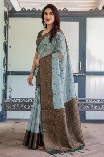 Sea green silk blend banarasi saree with unstitched blouse piece