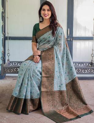 Sea green silk blend banarasi saree with unstitched blouse piece 3