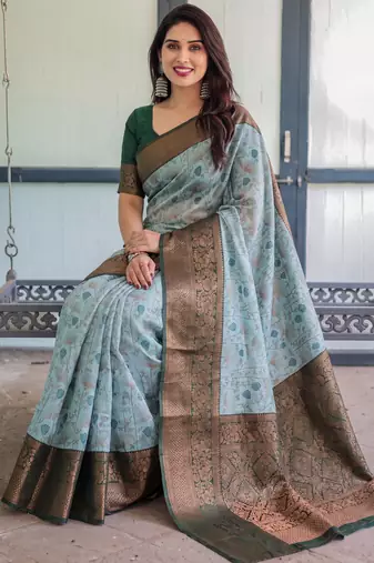 Sea green silk blend banarasi saree with unstitched blouse piece