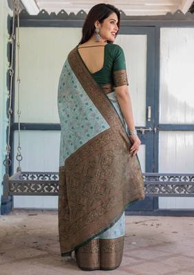 Sea green silk blend banarasi saree with unstitched blouse piece 4