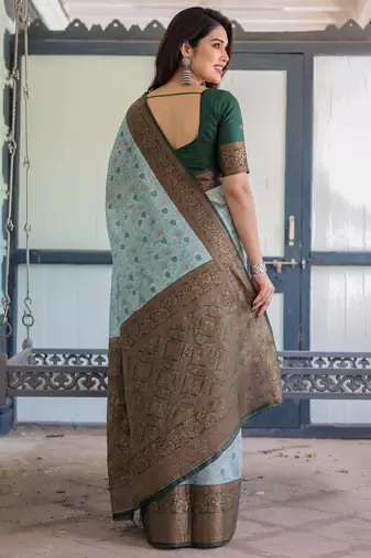 Sea green silk blend banarasi saree with unstitched blouse piece