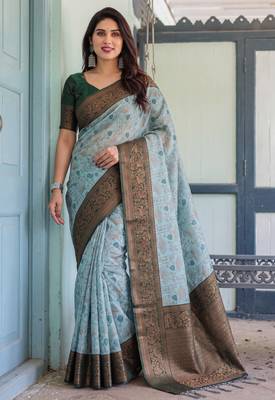 Sea green silk blend banarasi saree with unstitched blouse piece 5