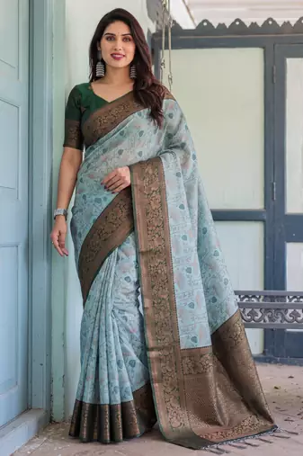 Sea green silk blend banarasi saree with unstitched blouse piece