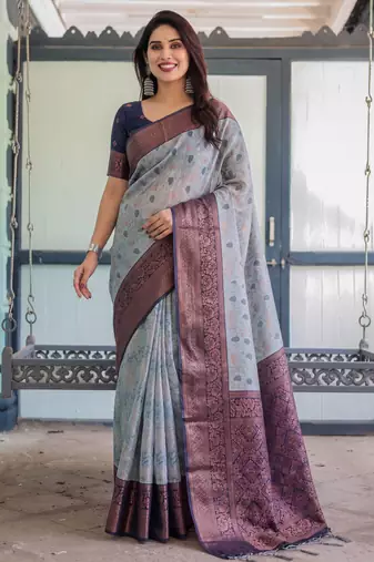 Grey navy soft silk blend banarasi jacuard work designer party wear saree with unstitched blouse piece