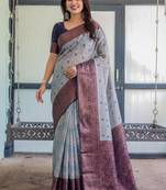 Grey navy silk blend banarasi saree with unstitched blouse piece