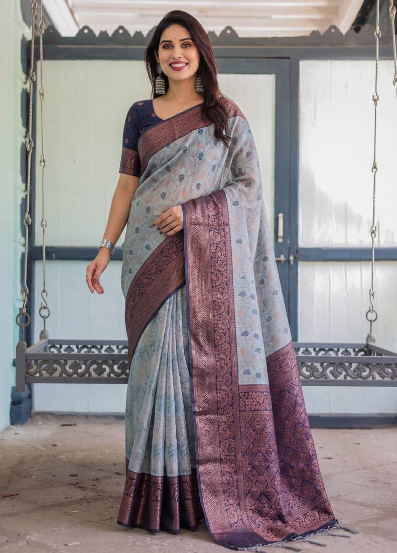 Grey navy soft silk blend banarasi jacuard work designer party wear saree with unstitched blouse piece