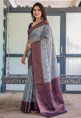 Grey navy silk blend banarasi saree with unstitched blouse piece 2