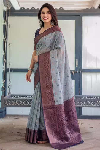Grey navy silk blend banarasi saree with unstitched blouse piece