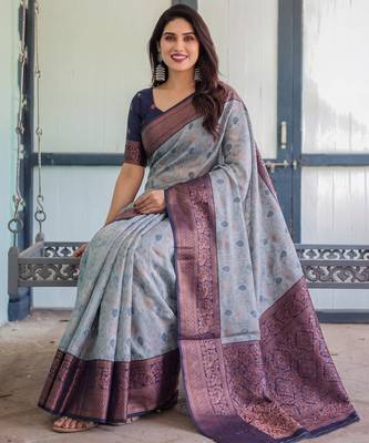 Grey navy silk blend banarasi saree with unstitched blouse piece 3