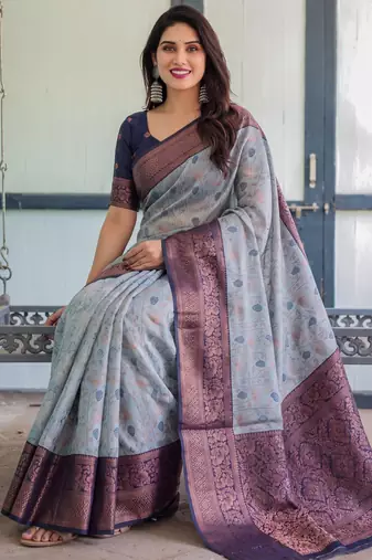 Grey navy silk blend banarasi saree with unstitched blouse piece