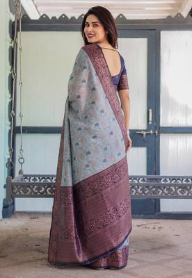 Grey navy silk blend banarasi saree with unstitched blouse piece 4