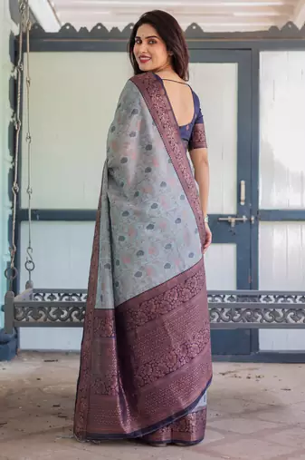 Grey navy silk blend banarasi saree with unstitched blouse piece