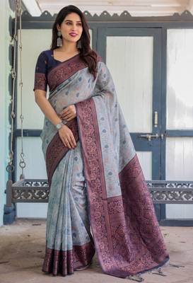 Grey navy silk blend banarasi saree with unstitched blouse piece 5