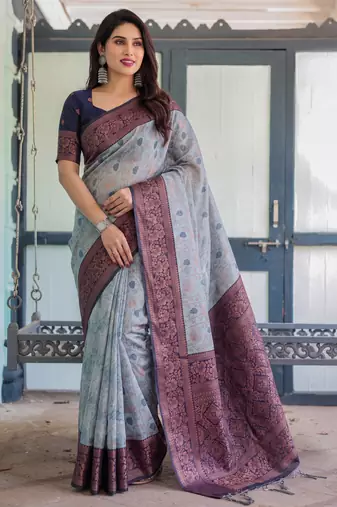 Grey navy silk blend banarasi saree with unstitched blouse piece