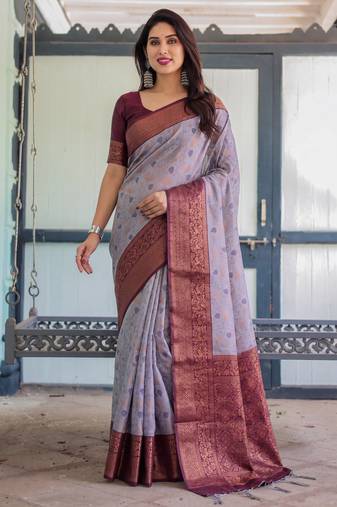 Lavender soft silk blend banarasi jacuard work designer party wear saree with unstitched blouse piece