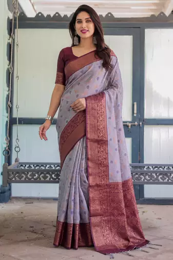Lavender silk blend banarasi saree with unstitched blouse piece