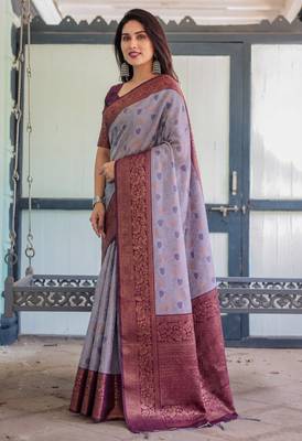 Lavender silk blend banarasi saree with unstitched blouse piece 2