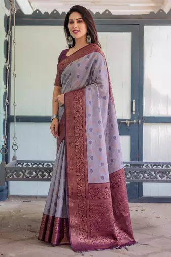Lavender silk blend banarasi saree with unstitched blouse piece