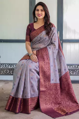 Lavender silk blend banarasi saree with unstitched blouse piece