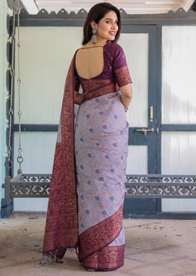 Lavender silk blend banarasi saree with unstitched blouse piece 4