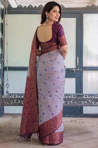 Lavender silk blend banarasi saree with unstitched blouse piece