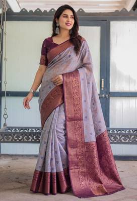 Lavender silk blend banarasi saree with unstitched blouse piece 5