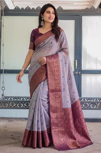 Lavender silk blend banarasi saree with unstitched blouse piece