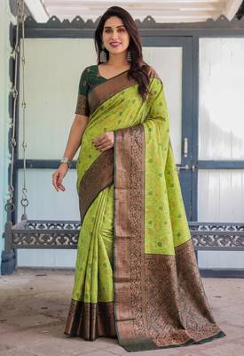 Lemon green silk blend banarasi saree with unstitched blouse piece 1
