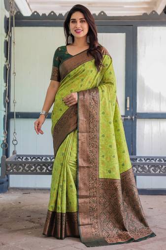 Lemon green soft silk blend banarasi jacuard work designer party wear saree with unstitched blouse piece