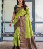 Lemon green silk blend banarasi saree with unstitched blouse piece