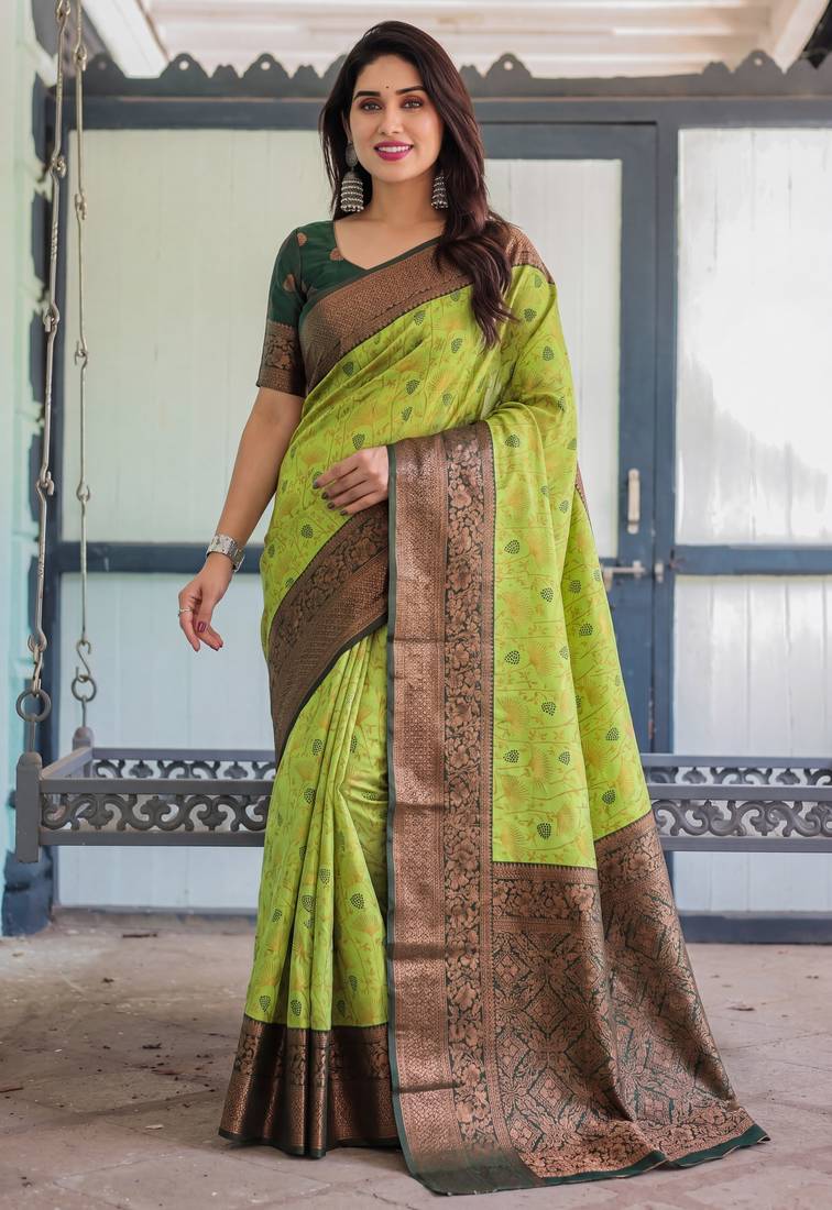 Lemon green soft silk blend banarasi jacuard work designer party wear saree with unstitched blouse piece