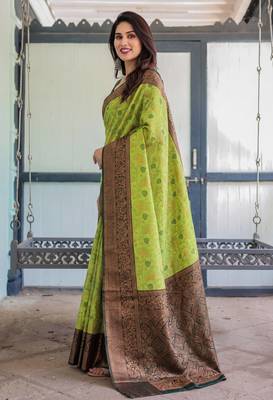 Lemon green silk blend banarasi saree with unstitched blouse piece 2